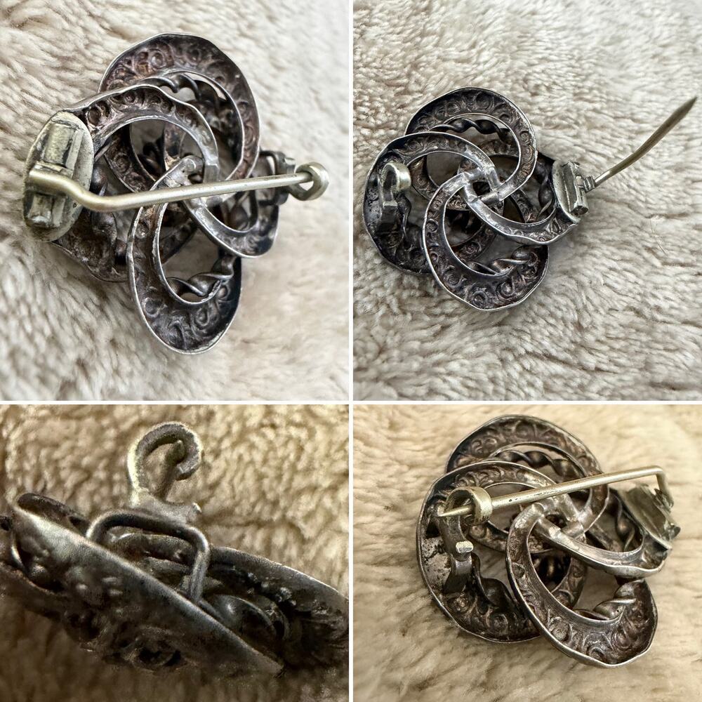 Victorian Sterling Silver Floral Repoussé Lovers Knot Pinwheel Antique Brooch - Picture 3 of 4